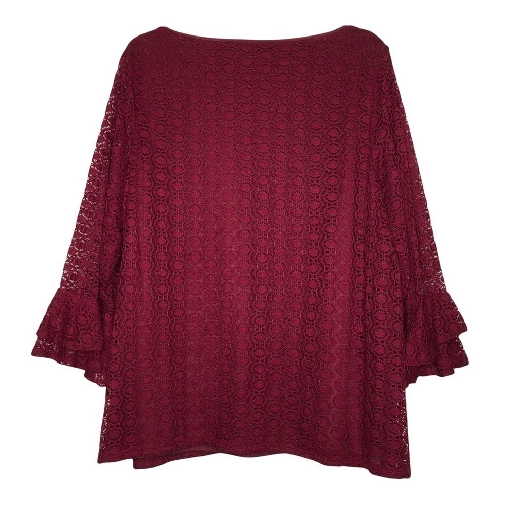 ROZ & ALI Burgundy V-Neck Lace Overlay Top w/ Sheer Lace Bell Sleeves - Size 2X - Picture 2 of 6